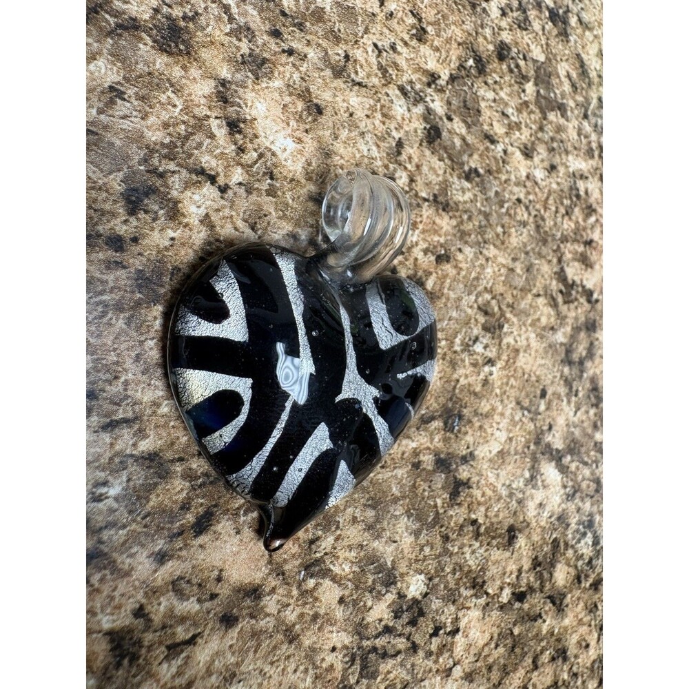 Hand Blown Art Glass Heart Pendant Black & Silver Foil Stripe Lampwork Necklace